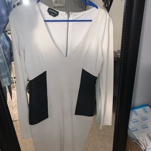 Black leather sides white longsleeve dress
